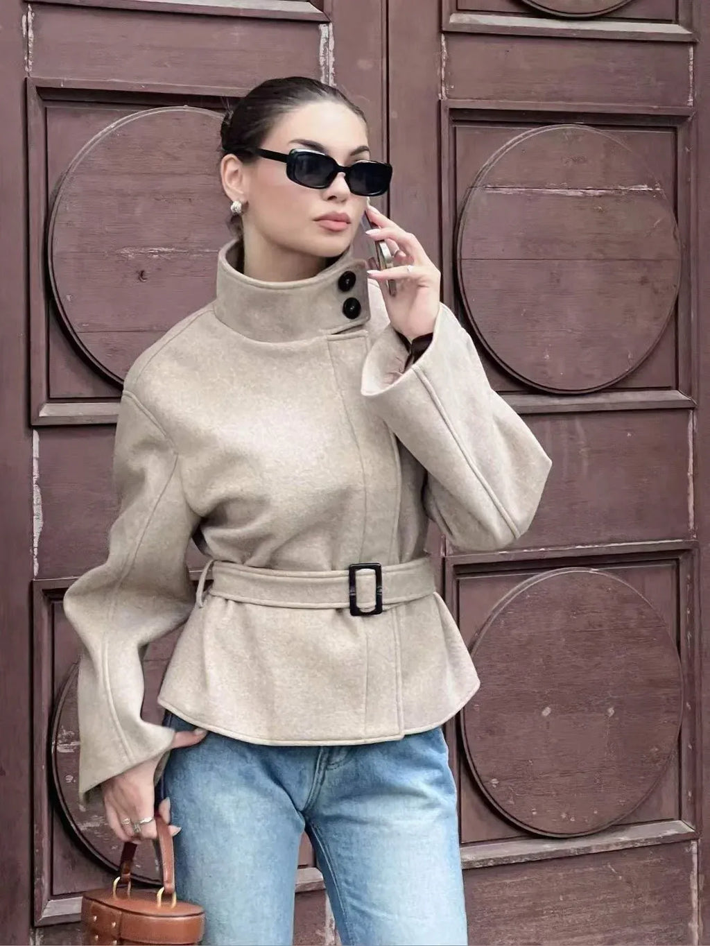 Belted Tweed Stand-Collar Coat — Minimal Winter Outerwear for Daily Wear - Onyx Opal