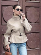 Belted Tweed Stand-Collar Coat — Minimal Winter Outerwear for Daily Wear - Onyx Opal