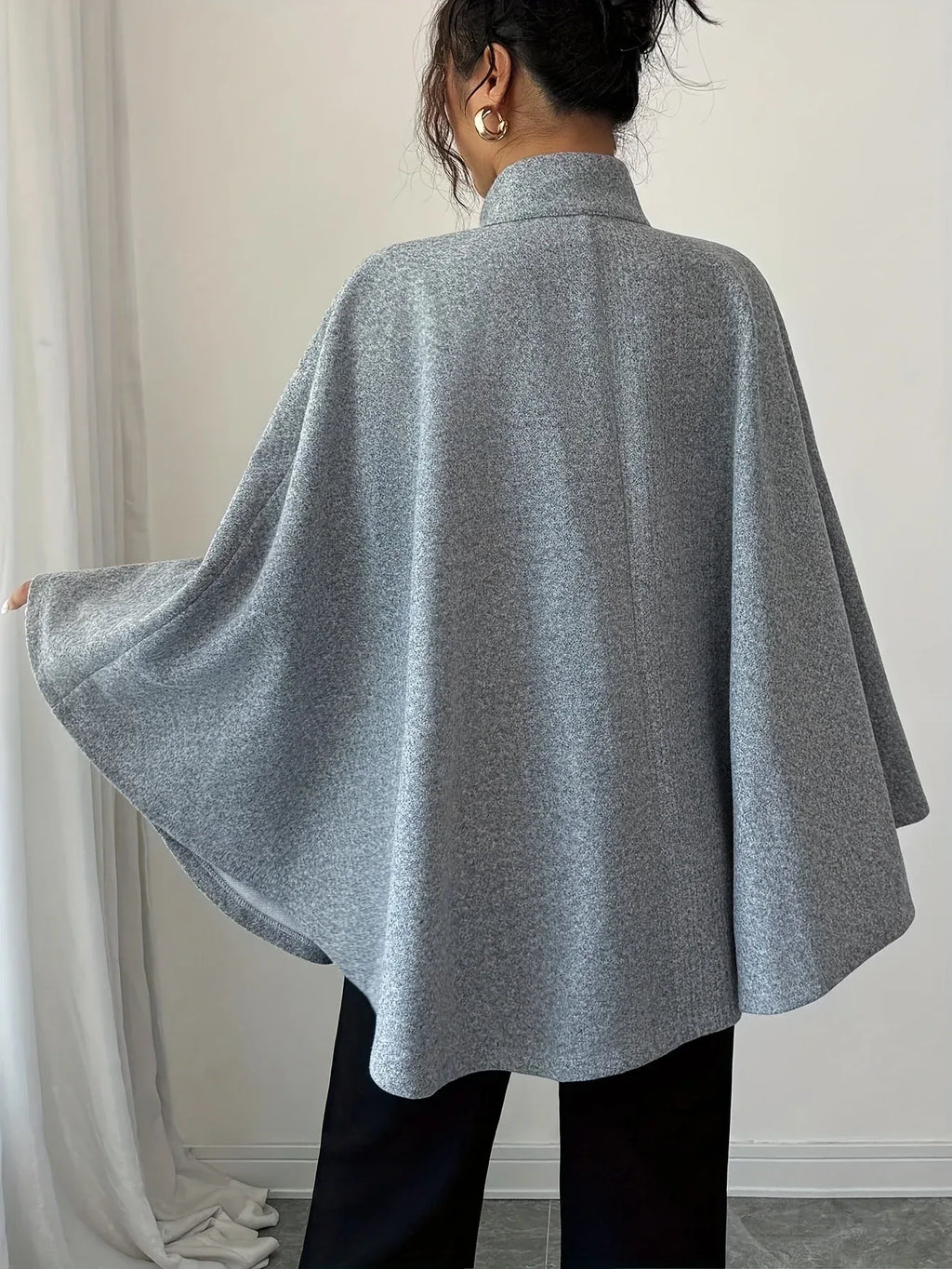 Plaid Stand-Collar Cape Coat — Tie-Waist Autumn Winter Layer - Onyx Opal