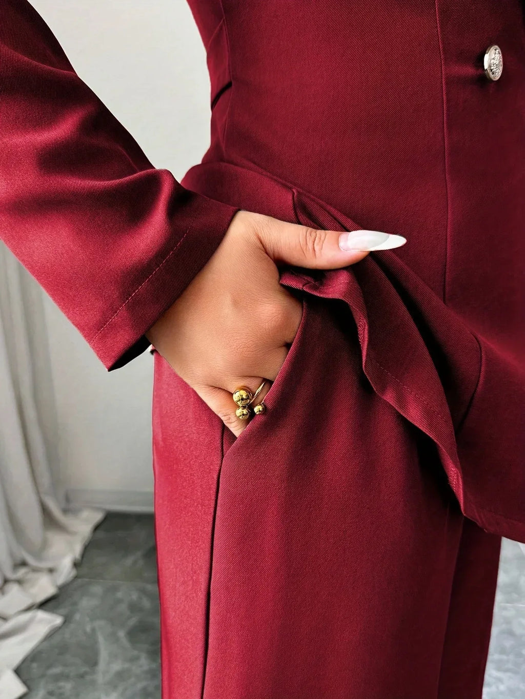 V-Neck Two-Piece Set — Long Sleeve Top & Wide-Leg Pants - Onyx Opal