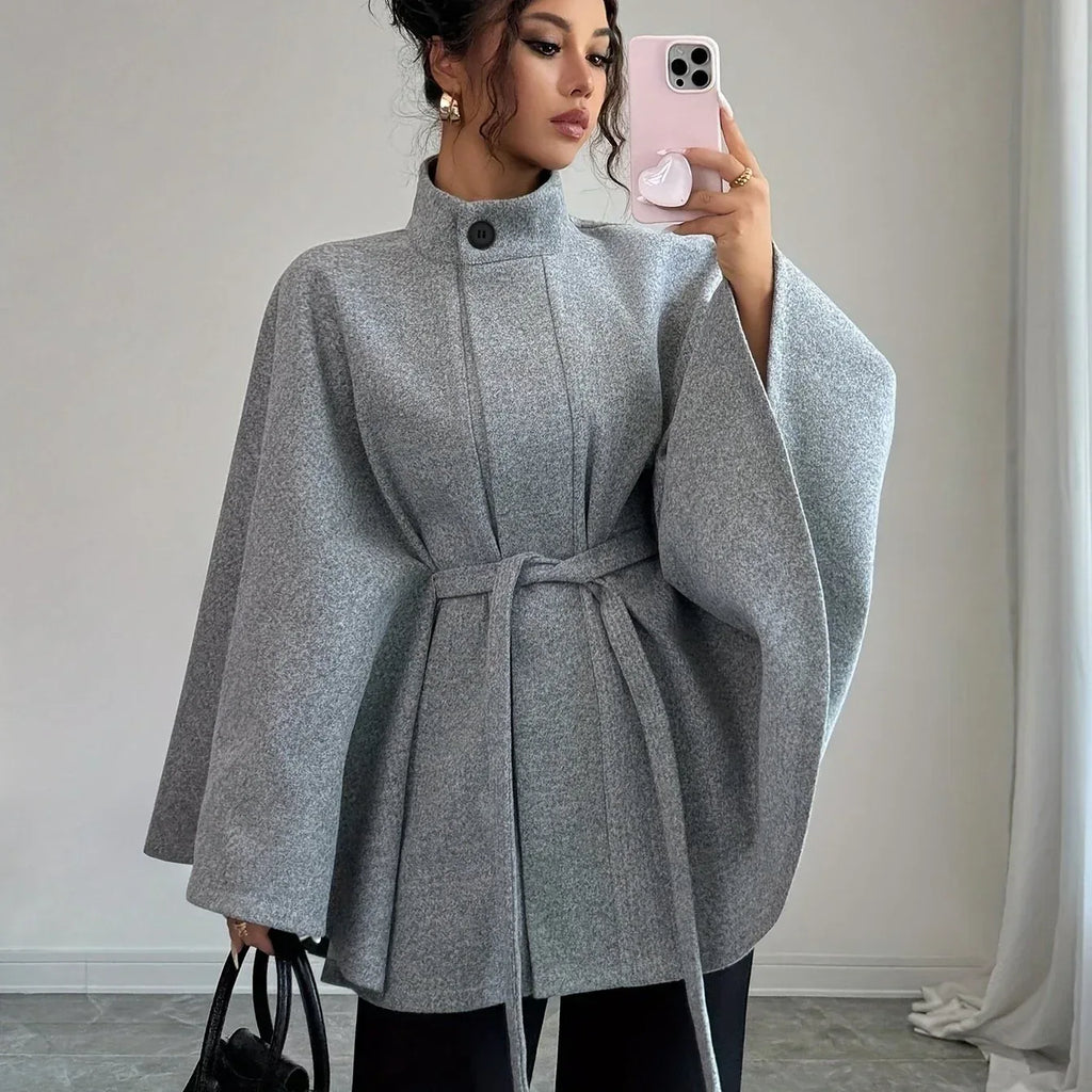 Plaid Stand-Collar Cape Coat — Tie-Waist Autumn Winter Layer - Onyx Opal