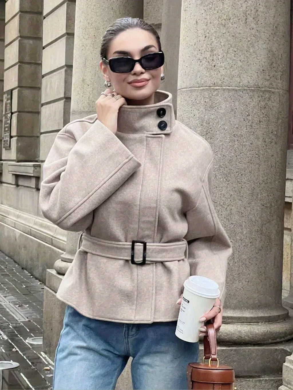 Belted Tweed Stand-Collar Coat — Minimal Winter Outerwear for Daily Wear - Onyx Opal