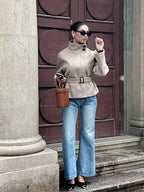 Belted Tweed Stand-Collar Coat — Minimal Winter Outerwear for Daily Wear - Onyx Opal