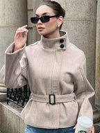 Belted Tweed Stand-Collar Coat — Minimal Winter Outerwear for Daily Wear - Onyx Opal