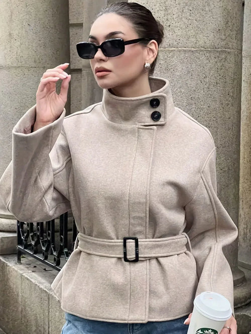 Belted Tweed Stand-Collar Coat — Minimal Winter Outerwear for Daily Wear - Onyx Opal