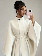 Plaid Stand-Collar Cape Coat — Tie-Waist Autumn Winter Layer - Onyx Opal