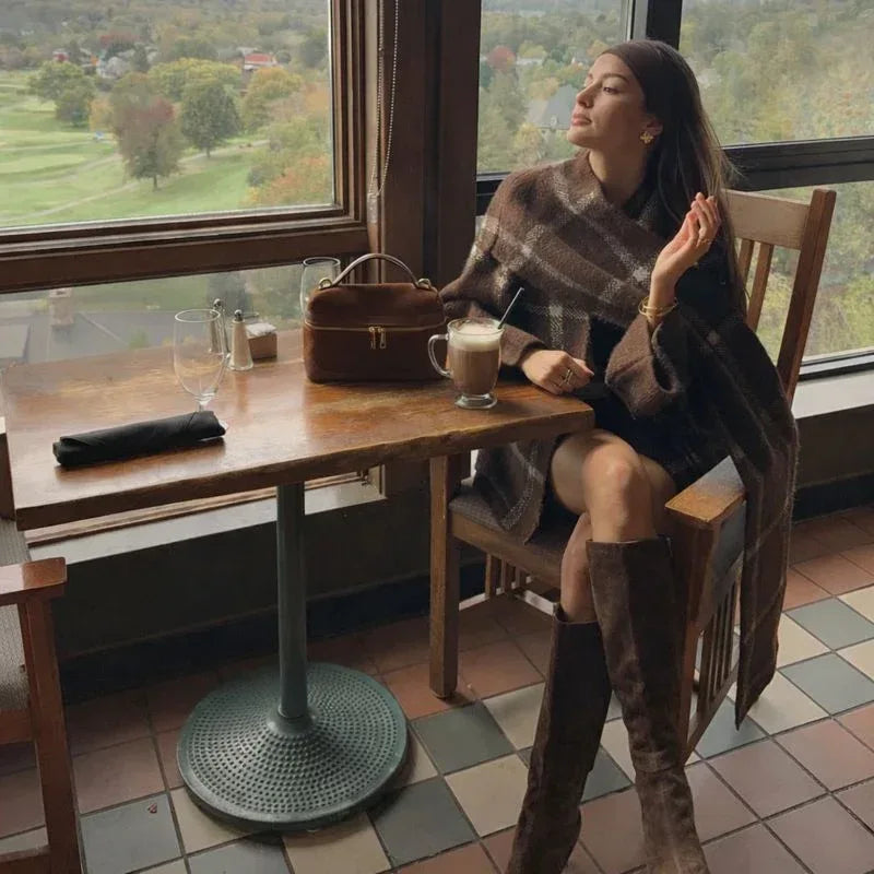 Vintage Plaid Scarf Knit Coat — Relaxed Winter Layer - Onyx Opal