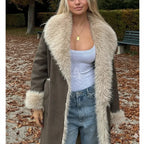 Textured Faux-Shearling Patchwork Long Coat - Onyx Opal