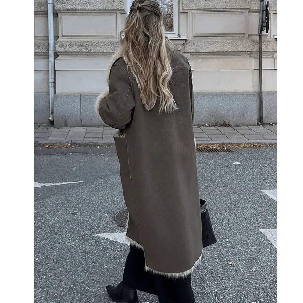 Textured Faux-Shearling Patchwork Long Coat - Onyx Opal