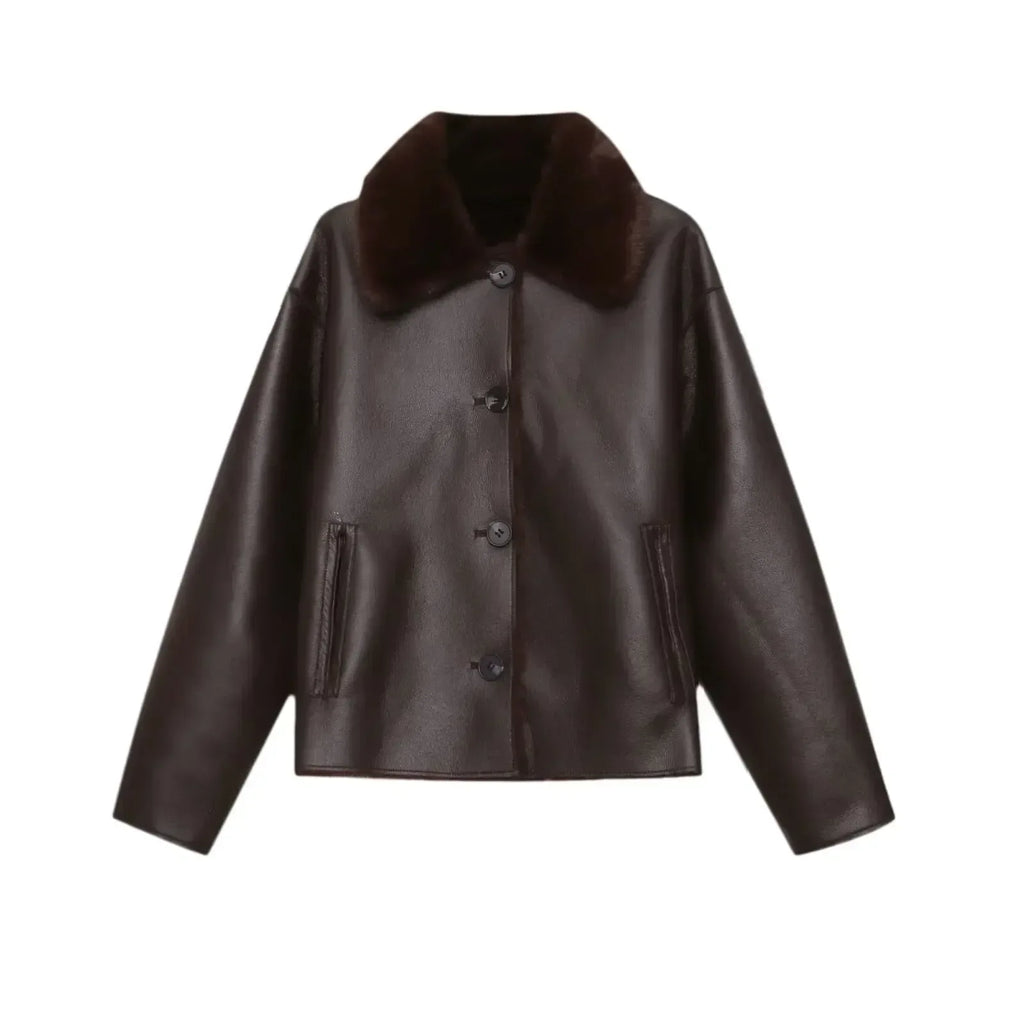 Chocolate Brown Faux Leather Jacket — Soft Fur Collar - Onyx Opal