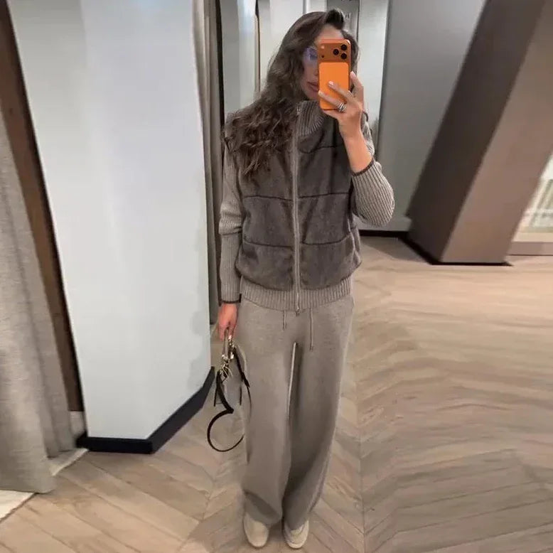 Two-Piece Faux-Shearling & Knit Set - Onyx Opal