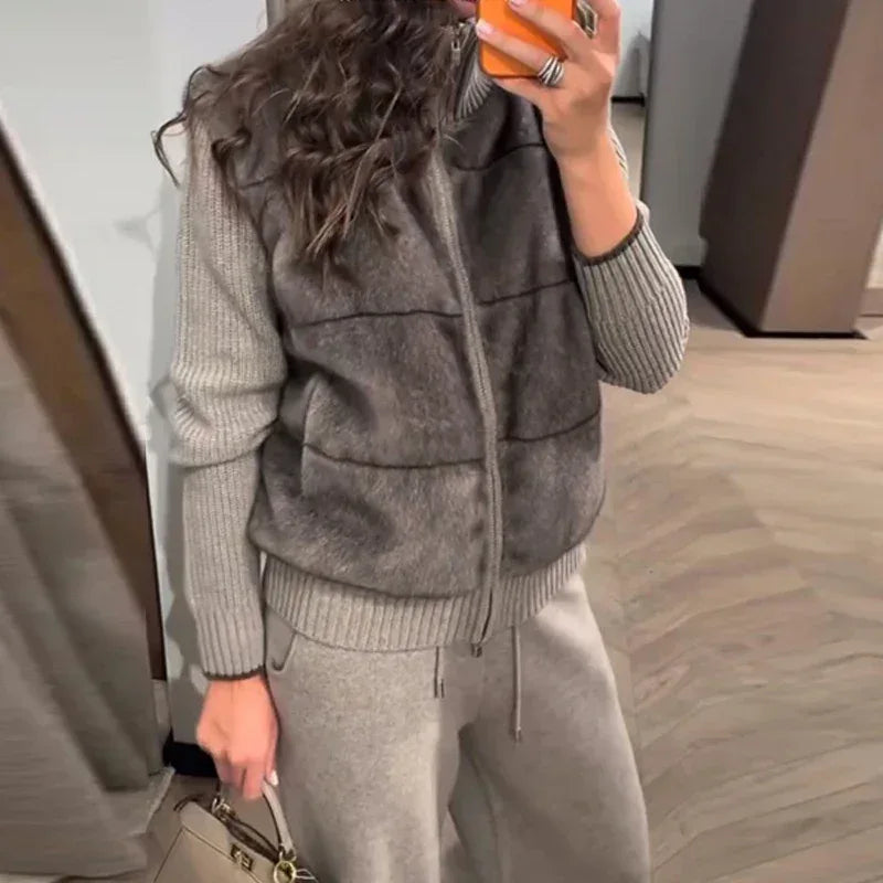 Two-Piece Faux-Shearling & Knit Set - Onyx Opal