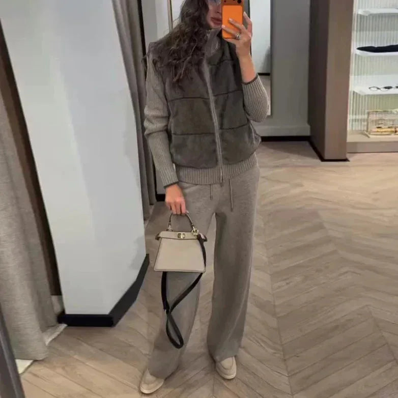 Two-Piece Faux-Shearling & Knit Set - Onyx Opal