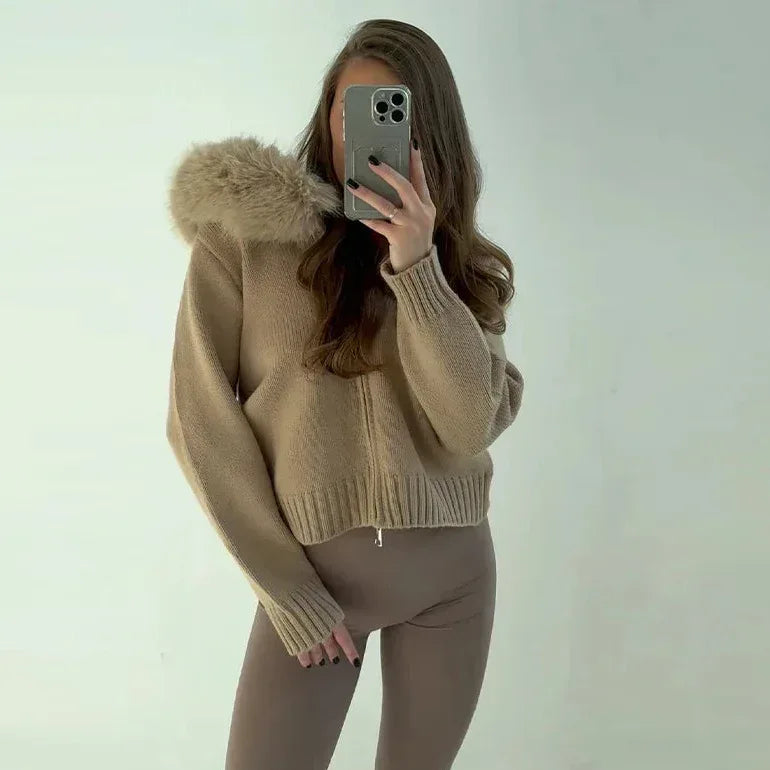 Fur-Collar Knit Zip Sweater Jacket – Soft Structure, Relaxed Fit, Autumn/Winter Layering Essential - Onyx Opal