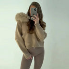 Fur-Collar Knit Zip Sweater Jacket – Soft Structure, Relaxed Fit, Autumn/Winter Layering Essential - Onyx Opal