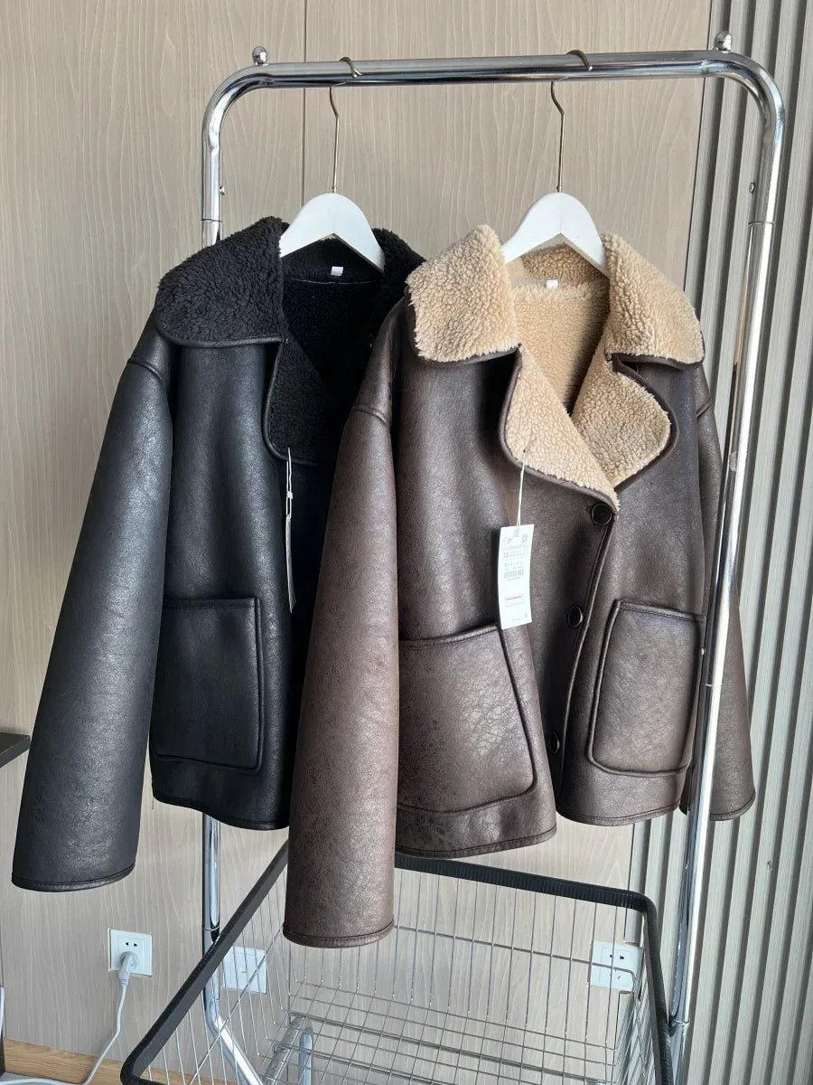 Double-Collar Faux Leather Coat — Double-Collar & Warm Lining - Onyx Opal