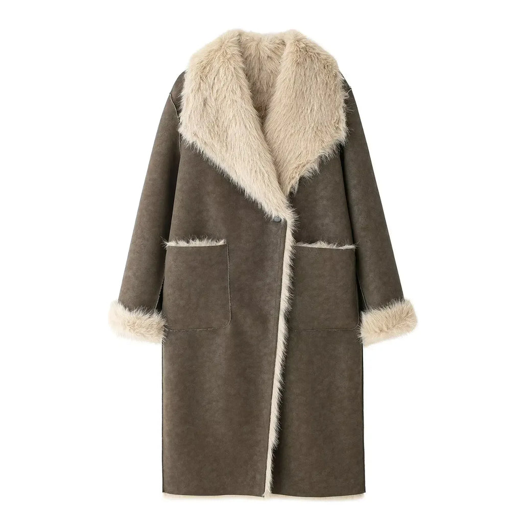 Textured Faux-Shearling Patchwork Long Coat - Onyx Opal