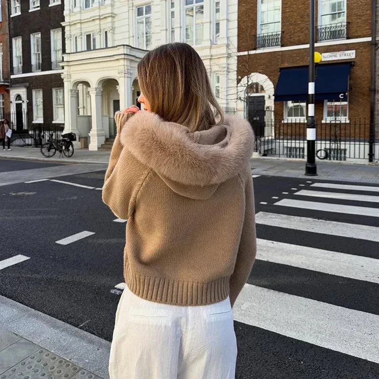 Fur-Collar Knit Zip Sweater Jacket – Soft Structure, Relaxed Fit, Autumn/Winter Layering Essential - Onyx Opal