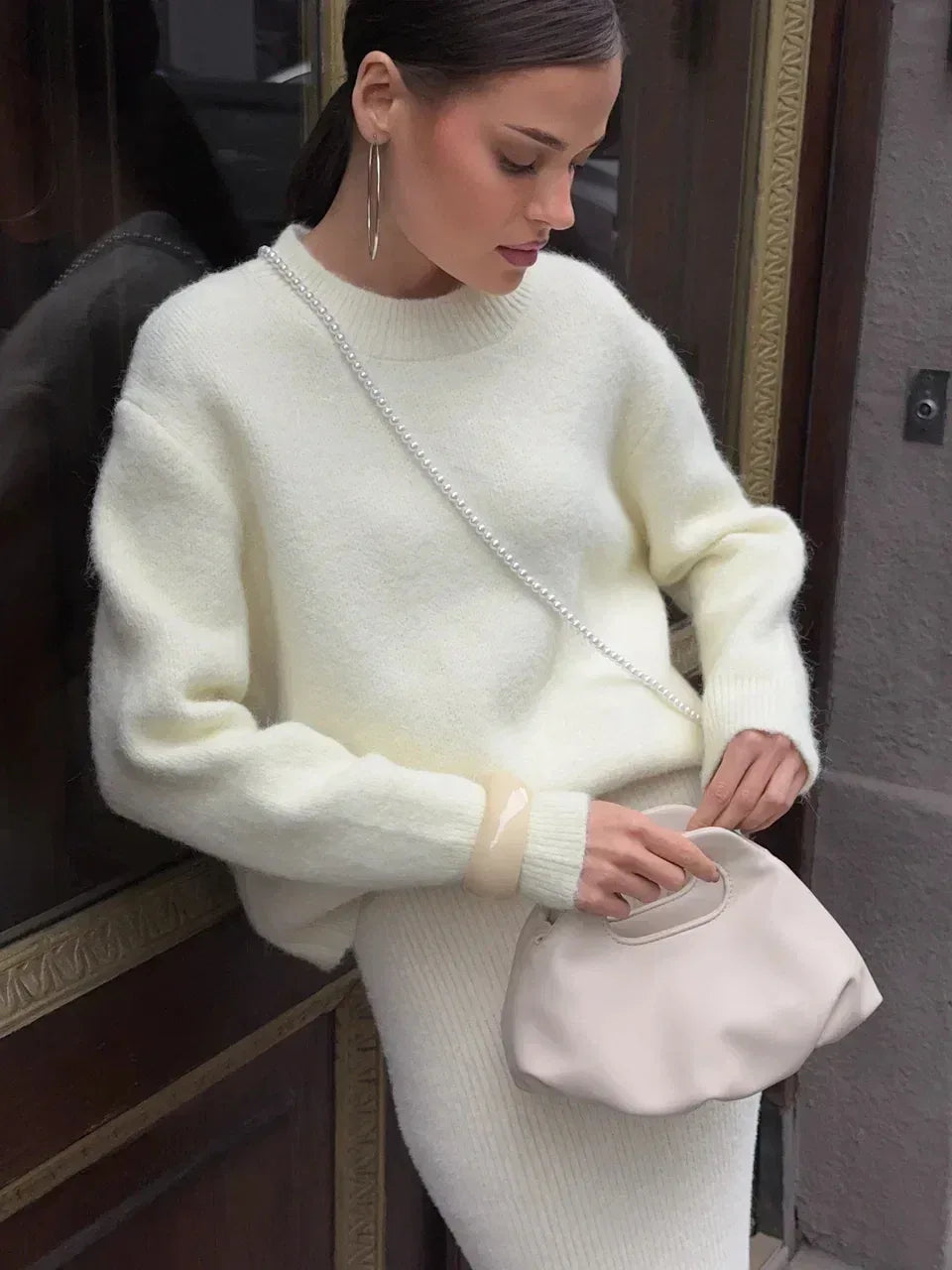 Oversized O-Neck Knit Sweater – Soft Wool Blend Winter Pullover - Onyx Opal
