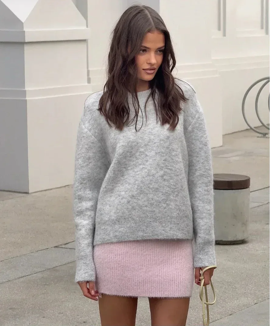 Oversized O-Neck Knit Sweater – Soft Wool Blend Winter Pullover - Onyx Opal