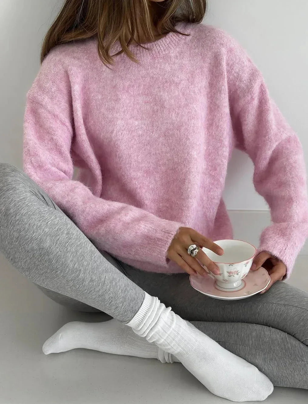 Oversized O-Neck Knit Sweater – Soft Wool Blend Winter Pullover - Onyx Opal