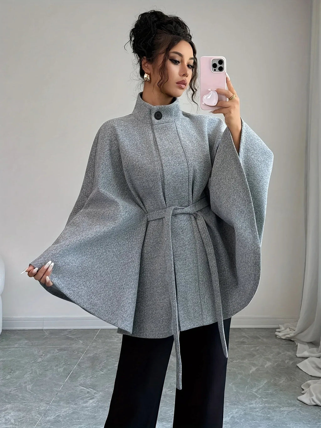 Plaid Stand-Collar Cape Coat — Tie-Waist Autumn Winter Layer - Onyx Opal