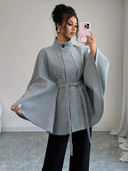 Plaid Stand-Collar Cape Coat — Tie-Waist Autumn Winter Layer - Onyx Opal