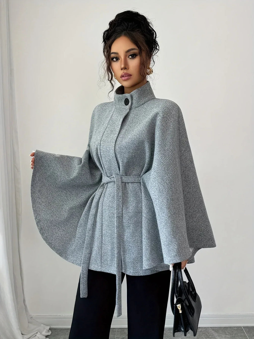 Plaid Stand-Collar Cape Coat — Tie-Waist Autumn Winter Layer - Onyx Opal