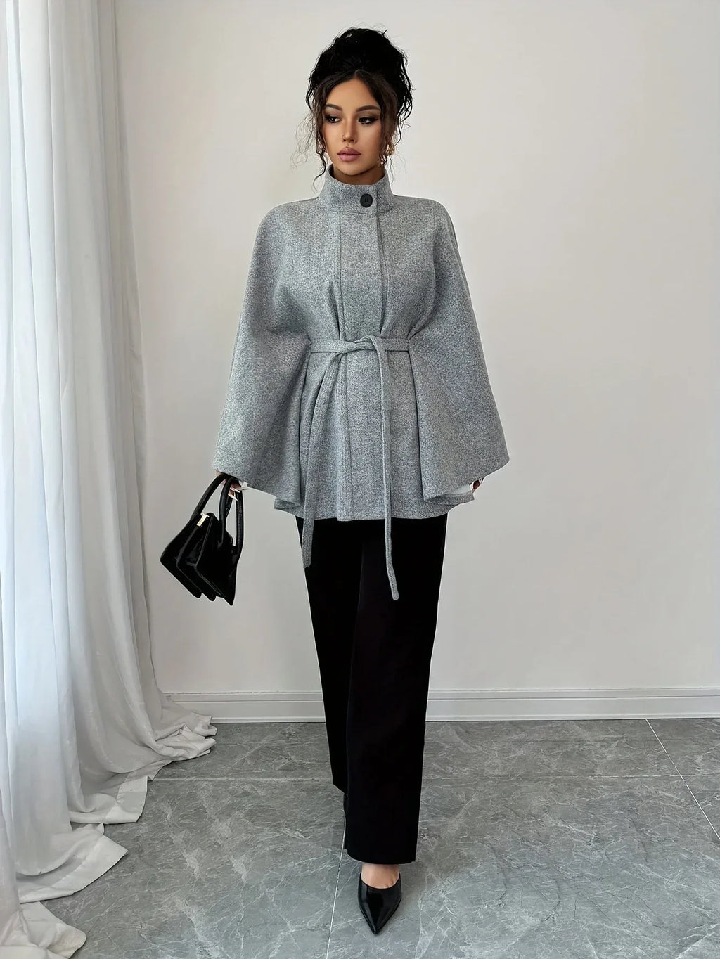 Plaid Stand-Collar Cape Coat — Tie-Waist Autumn Winter Layer - Onyx Opal