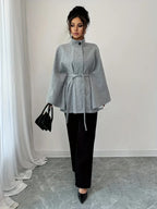 Plaid Stand-Collar Cape Coat — Tie-Waist Autumn Winter Layer - Onyx Opal